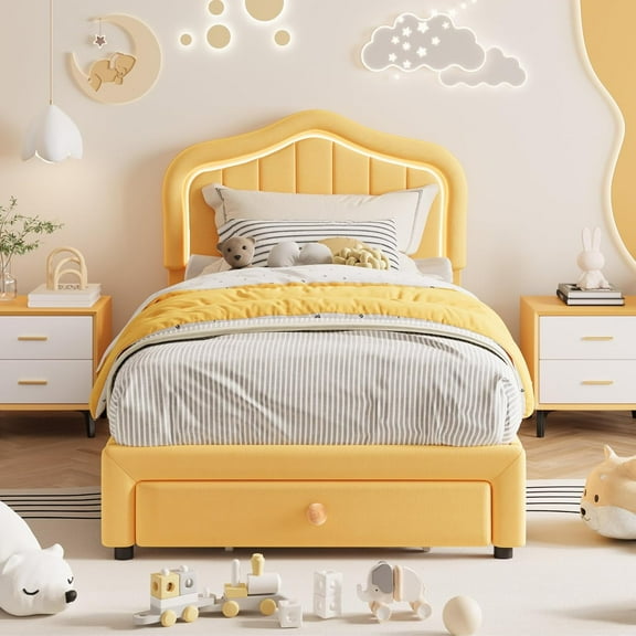 Senfot Twin Size LED Upholstered Bed Frame with Storage Drawer, Velvet Princess Platform Bed for Bedroom, Sturdy Wooden Slats, Easy Assembly, No Box Spring, Yellow
