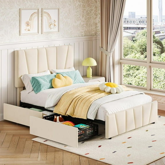 Senfot Twin Size Linen Upholstered Bed Frame with Storage, Mattress Foundation with Adjustable Headboard and 2 Drawers, No Box Spring Needed,Wooden Slats Supports Platform Bed Base, Beige
