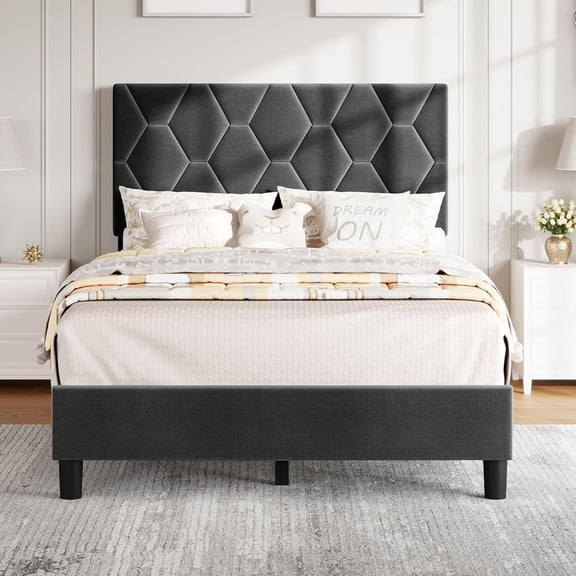 Senfot Twin Size MDF + Iron + Fabric Diagonal Grid Soft Mattress, Comfortable Upholstered Bed Frame in Gray, No Box Spring Needed, Space-Saving Design