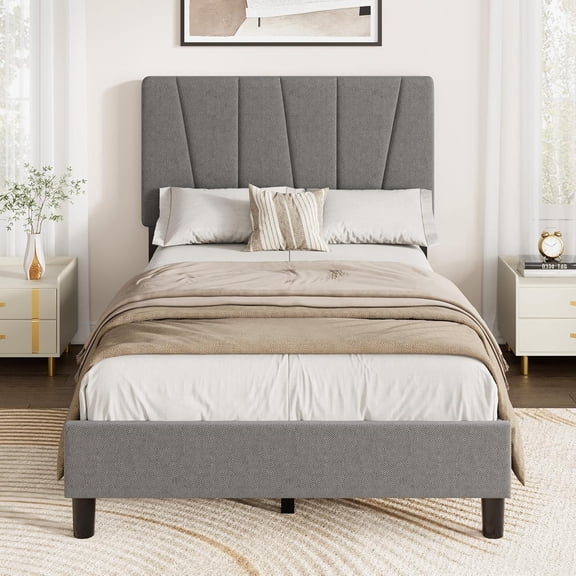 Senfot Twin Size MDF + Iron Geometric Pattern Soft Bed, Stylish and Modern Design, Gray Upholstered Mattress, No Box Spring Required for Bedroom