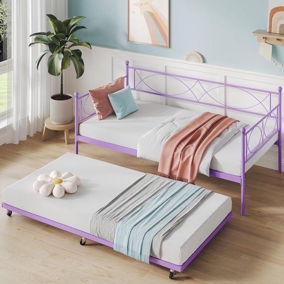 Senfot Twin Size Metal Daybed Frame with Trundle, Heavy Duty Metal Slats, Mattress Foundation Platform Sofa Bed with Lockable Casters for Living Room, Bedroom, Guest Room,Purple
