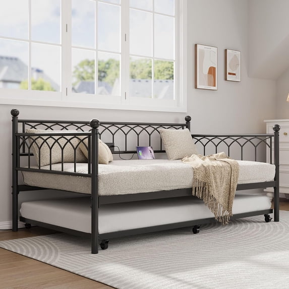 Senfot Twin Size Metal Daybed with Trundle, Sofa Bed Frame with Charging Station & LED Lights, Perfect for Living Room, Guest Room, Apartment, Black