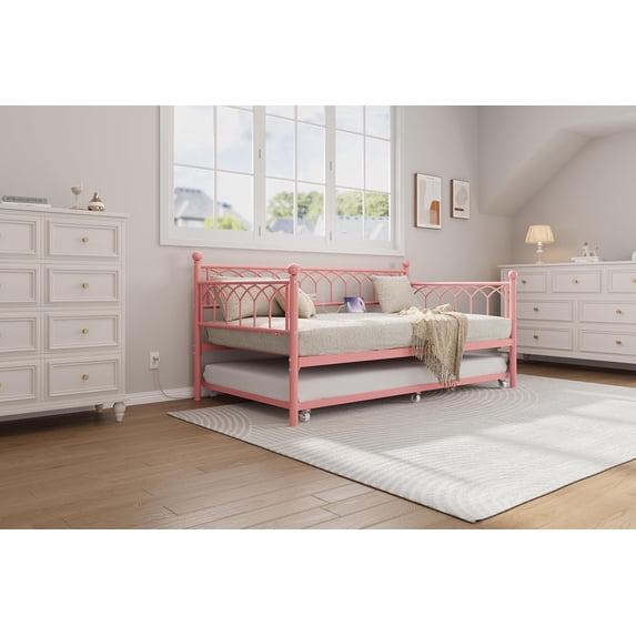 Senfot Twin Size Metal Daybed with Trundle, Sofa Bed Frame with Charging Station & LED Lights, Perfect for Living Room, Guest Room, Apartment, Pink