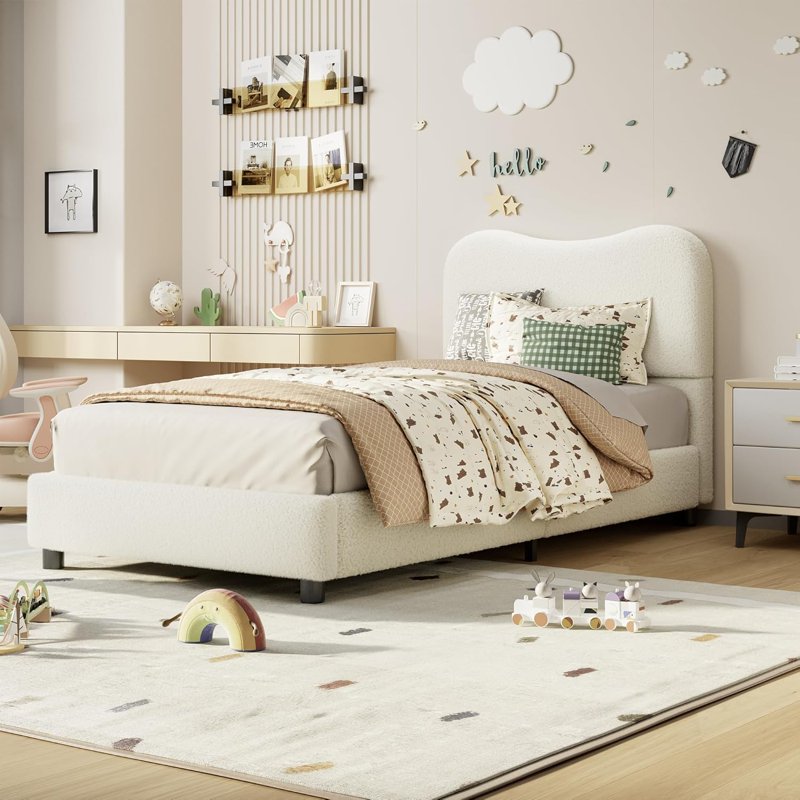 Senfot Twin Size Platform Bed Frame, Metal Frame Twin Bed Fame with Strong Wooden Slats,Sherpa Fabric Upholstered Bed Frame with Headboard, No Box Spring Needed,No Noise Free, Beige White
