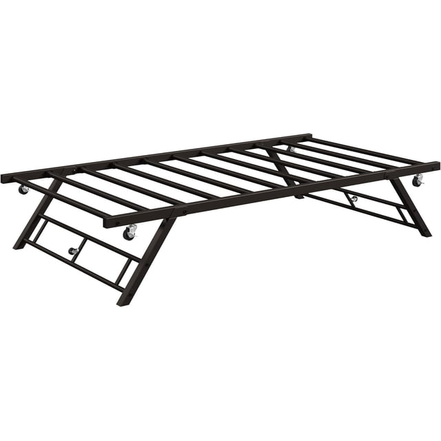 Senfot Twin Size Pop Up Trundle Bed Frame,Foldable Metal Platform,Trundle Day Bed with Lockable Casters,Brown