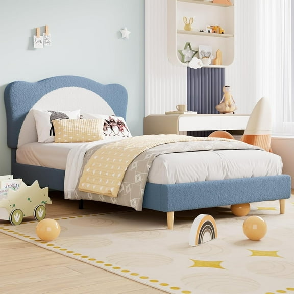 Senfot Twin Size Princess Bed Frame - Adjustable Scallop Headboard, Velvet Upholstered, No Box Spring Needed, Blue + White