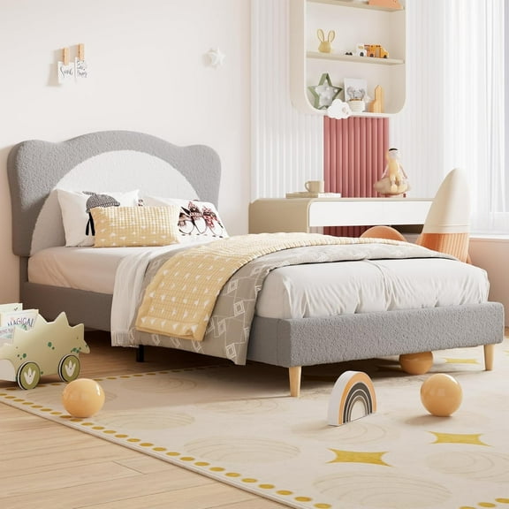 Senfot Twin Size Princess Bed Frame - Adjustable Scallop Headboard, Velvet Upholstered, No Box Spring Needed, Grey + White
