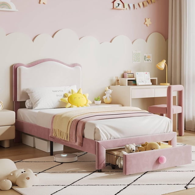 Senfot Twin Size Upholstered Bed Frame with 2 Storage Drawers, Velvet ...