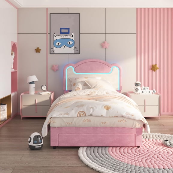 Senfot Twin Size Upholstered Bed Frame with LED Lights, Fabric Headboard, Princess Platform Bed for Girls, Wood Slats, No Box Spring Needed, Pink(with Drawer)
