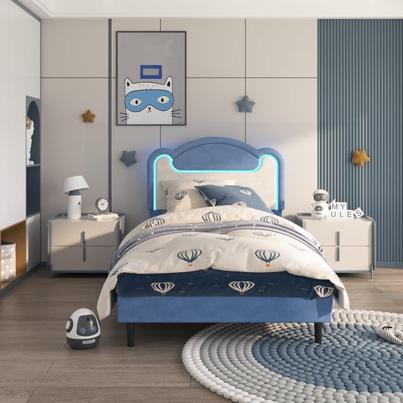 Senfot Twin Size Upholstered Bed Frame with LED Lights, Fabric Headboard, Princess Platform Bed for Girls, Wood Slats, No Box Spring Needed, Blue