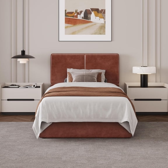 Senfot Twin Size Upholstered Bed, Soft and Cozy Brown Fabric Bed Frame, Modern Design, No Box Spring Needed for Bedroom, Easy Assembly