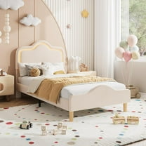 Senfot Twin Size Upholstered LED Bed Frame with Adjustable Headboard & Footboard, Velvet Princess Platform Bed, Wooden Slats Support, No Box Spring Needed, Easy Assembly, Beige