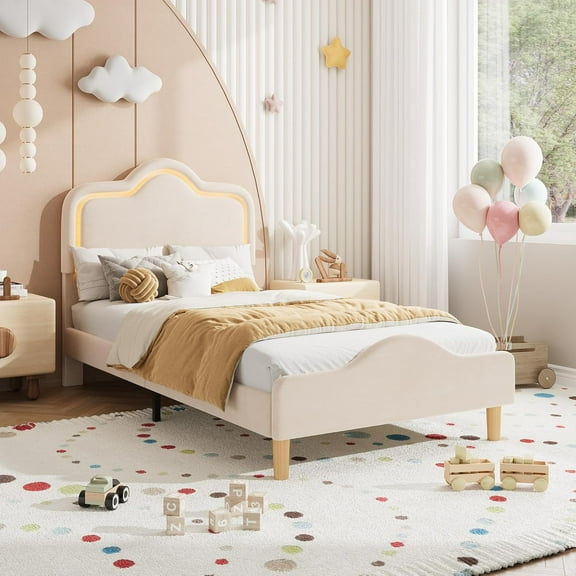 Senfot Twin Size Upholstered LED Bed Frame with Adjustable Headboard & Footboard, Velvet Princess Platform Bed, Wooden Slats Support, No Box Spring Needed, Easy Assembly, Beige