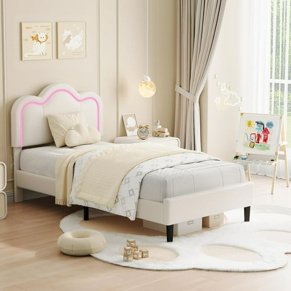 Senfot Twin Size Upholstered Smart LED Bed Frame with Adjustable Hills Headboard, PU Leather Platform Bed Frame, No Box Spring Needed, Wooden Slats Support, Easy Assembly, White