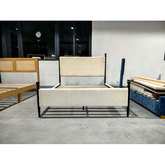 Senfot Twin Size Velvet Corduroy Fabric Bed Frame, Plywood and Iron Construction, Cone-Shaped Iron Foot, Soft Bag Design, Gray