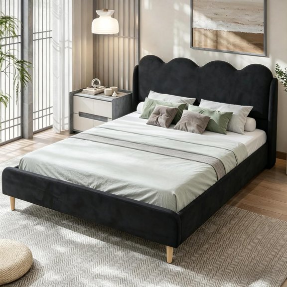 Senfot Twin Size Wave Design Upholstered Bed Frame with Winged Side Panel, Floor Standing Soft Platform Bed, Sturdy MDF Structure No Box Spring Needed, Modern Bedroom Furniture Black