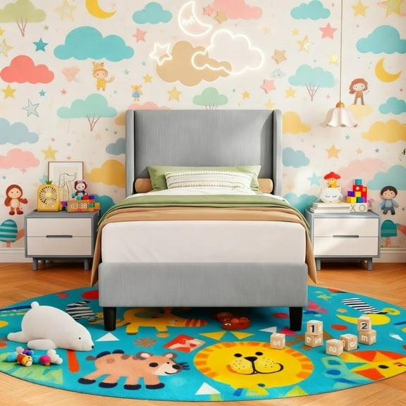 Senfot Twin Size Wingback Bed Frame, Elegant Vertical Stripe Velvet Upholstered Bed with 2 Storage Pockets, Sturdy Wood Slats, Easy Assembly, Grey, No Box Spring Needed