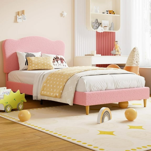 Senfot Twin-XL Size Bed Frame with Cute Scallop Headboard, Soft Berber Fleece Fabric, Sturdy Wooden Slats, No Box Spring Needed, Noise-Free Design, Pink