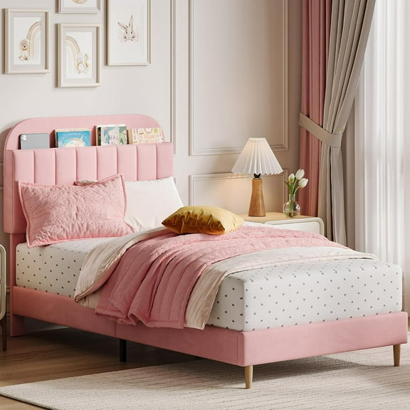 Senfot Twin-XL Size Bed Frame with Bookcase Headboard, Upholstered Platform Twin Size Bed, No Box Spring Needed,Wooden Slats Support, Pink