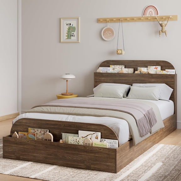 Senfot Twin-XL Size Bed Frame with Wooden Storage Headboard, Low Platform Design, Sturdy Wooden Slats, No Box Spring Needed for Bedroom, Space-Saving