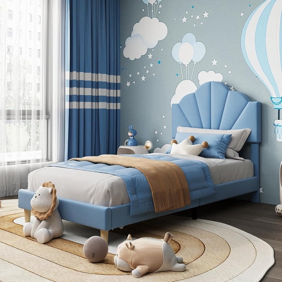 Senfot Twin-XL Velvet Upholstered Platform Bed Frame, Adjustable Headboard, Wood Slat Support, No Box Spring Needed, Easy Assembly, Boys & Girls Bed, Blue