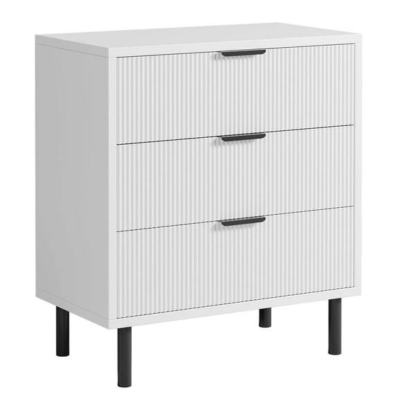Senfot Wave Fluted 3 Drawer Dresser, Tall Wood Nightstand with Storage and Metal Legs ,28'' Wide Chest of Drawers with Anti-Tipping Device for Bedroom, Hallway, Entryway, Small Spaces, White