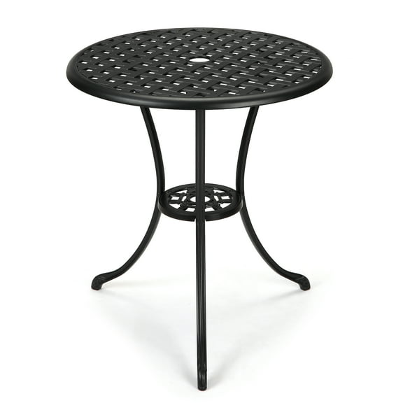 Senfot Weather-Resistant Cast Aluminum Round Patio Bistro Table, 23.6 Inch with Umbrella Hole for Garden Balcony Black