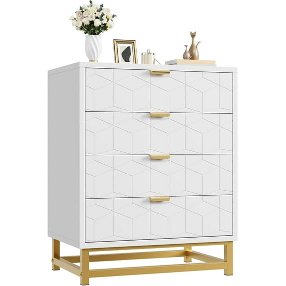Senfot White Dresser for Bedroom, Wood Dressers Chest Organizer with Wide Storage, 4 Drawer Dresser with Metal Legs, Modern Chest of Drawers for Bedroom, Living Room, Hallway