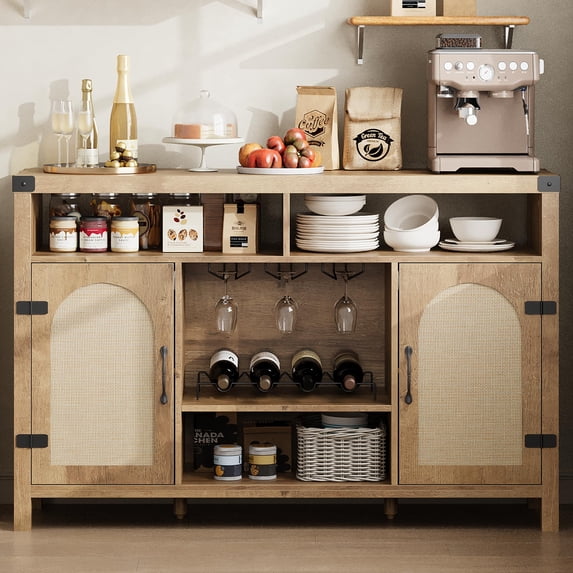 Senfot Wine Cabinate, Rattan Farmhouse Liquor Sideboard with Wine Racks,Boho Sideboard Buffet with Storage, Coffee Bar Shelves for Home Living Dining Room Entryway, Natural