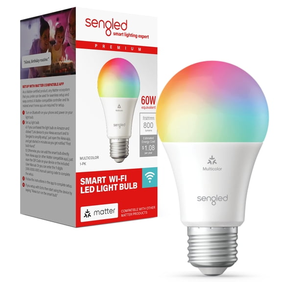 Sengled LED Smart Light Bulb (A19), Matter-Enabled, Multicolor, Works with Alexa, 60W Equivalent, 800LM, Instant Pairing Wi-Fi 1-Pack