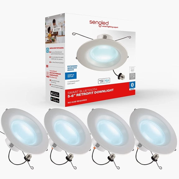 Sengled Smart Recessed Lighting 5/6 inch, Daylight 940LM Smart LED Downlight Retrofit 5000K Dimmable, Bluetooth Ceiling Can Lights, Conversion Kit, Baffle Trim, No Hub Required, 4 Pack