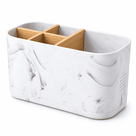 SENGUI 5-Slot Marble-Look Toothbrush and Toothpaste Holder with Tray, White and Gray