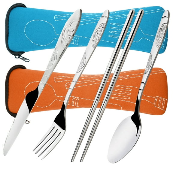 Senhai Flatware Sets 8-Piece Travel Stainless Steel Cutlery Set with Orange and Light Blue Handles