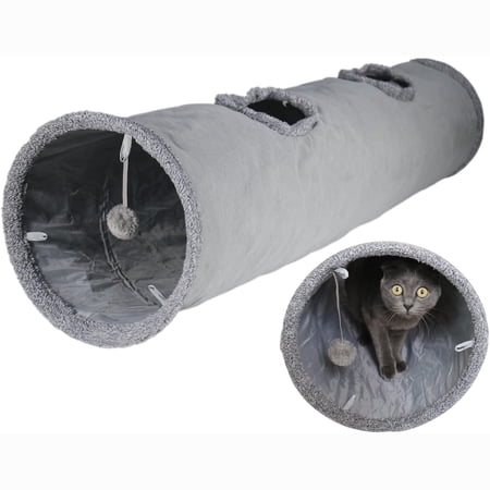 Senhu Cat Tunnel for Indoor Cats, 51×12 inch Foldable Big Cat Tunnel, Grey Suede Pet Tunnels with Two Peepholes and a Bubble Ball