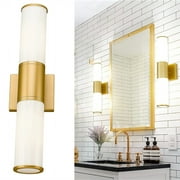Senhu Gold Bathroom Light Fixtures, 2 Light Vanity Lights for Mirror with Milk Glass Shade, Up and Down Wall Sconces for Bathroom Bedroom Hallway