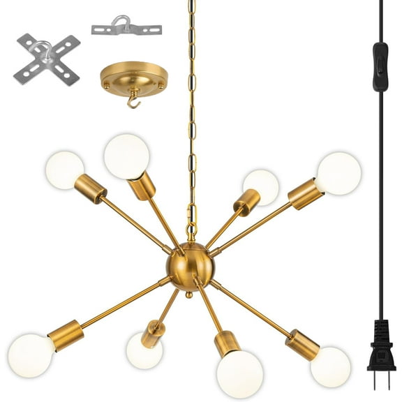 Senhu Plug-in Sputnik Chandeliers Gold, 8 Lights Modern Sputnik Lighting Fixture with Adjustable Height for Dining Room, Living Room, Kitchen, Bedroom and Hallway