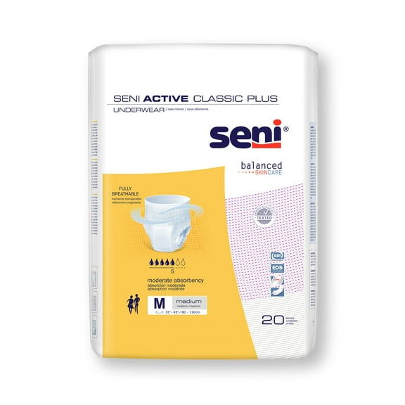 Seni Active Classic Plus Disposable Underwear Pull On with Tear Away Seams Medium, S-ME20-AC2, Moderate, 80 Ct