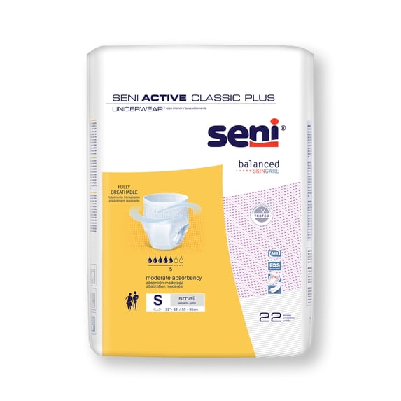 Seni Active Classic Plus Disposable Underwear Pull On with Tear Away Seams Small, S-SM22-AC2, Moderate, 22 Ct