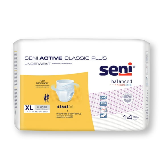 Seni Active Classic Plus Disposable Underwear Pull On with Tear Away Seams X-Large, S-XL14-AC2, Moderate, 14 Ct
