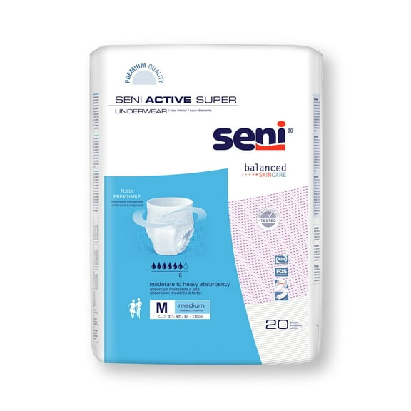 Seni Active Super Disposable Underwear Pull On with Tear Away Seams Medium, S-ME20-AS1, Moderate to Heavy, 80 Ct