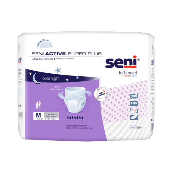Seni Active Super Plus Disposable Underwear Pull On with Tear Away Seams Medium, S-ME09-AP1, Heavy, 9 Ct