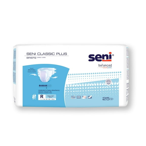 Seni Classic Plus Adult Incontinence Brief Regular Moderate Absorbency Breathable, S-RE25-BC2, Moderate to Heavy, 50 Ct