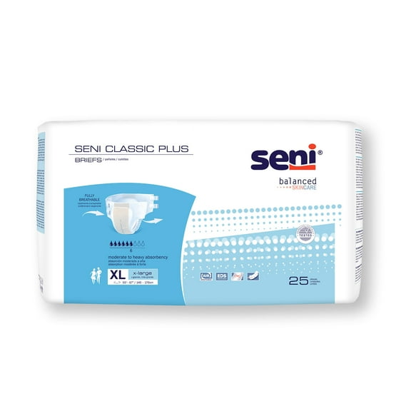 Seni Classic Plus Adult Incontinence Brief XL Moderate Absorbency Breathable, S-XL25-BC2, Moderate to Heavy, 100 Ct