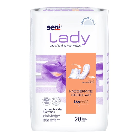 Seni Lady Moderate Female Incontinent Pad Regular Length 10" L S-3P28-PS1, 60, 28 Ct