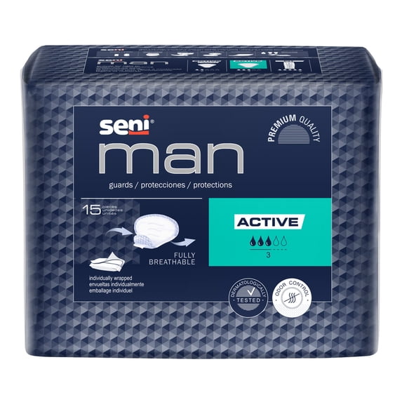Seni Man Active Male Incontinent Pad Cup Shape 8-9/10 X 10-3/5 Inch S-A015-US1, 39, 15 Ct