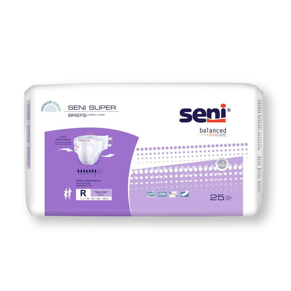 Seni Super Adult Incontinence Brief Regular Heavy Absorbency Breathable, S-RE25-BS1, Heavy, 25 Ct