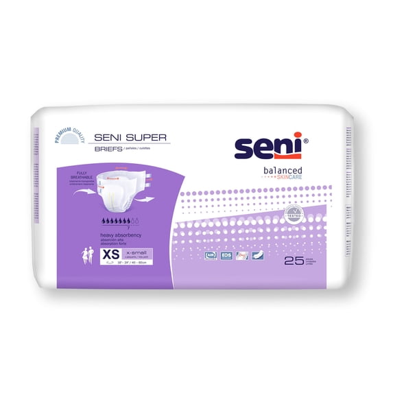 Seni Super Adult Incontinence Brief XS Heavy Absorbency Breathable, S-XS25-BS1, Heavy, 50 Ct