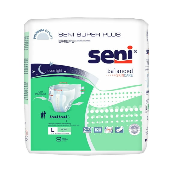 Seni Super Plus Adult Incontinence Brief L Heavy Absorbency Breathable / Overnight, S-LA09-BP1, Heavy to Severe, 9 Ct