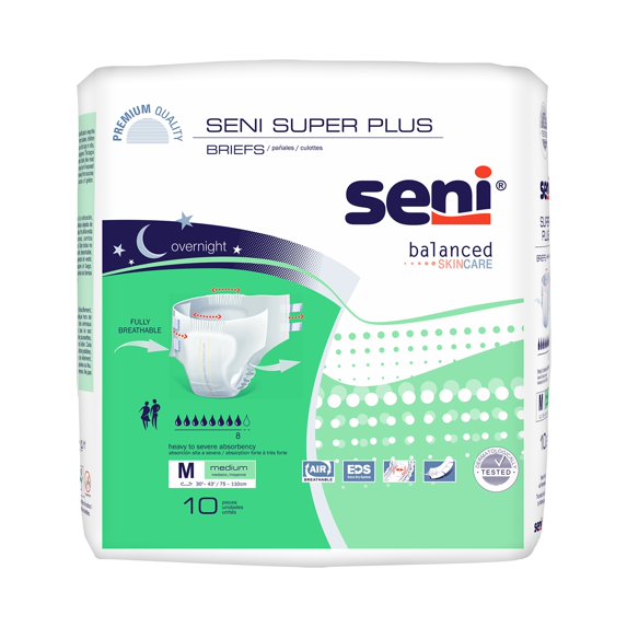 Seni Super Plus Adult Incontinence Brief M Heavy Absorbency Breathable / Overnight, S-ME10-BP1, Heavy to Severe, 10 Ct