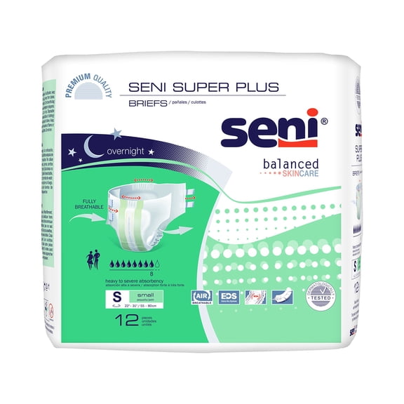 Seni Super Plus Adult Incontinence Brief S Heavy Absorbency Breathable / Overnight, S-SM12-BP1, Heavy to Severe, 48 Ct